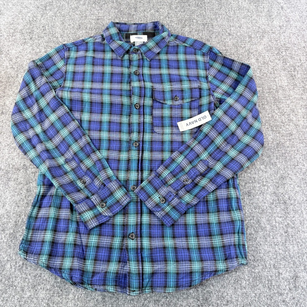 Old Navy Kids Blue Teal Plaid Flannel Button Down Shirt Size L 10-12 NWT